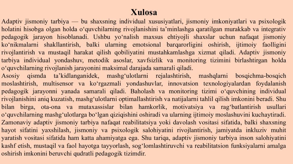 Mavzu:Adaptiv jismoniy tarbiya bo'yicha o'rgatish usullari