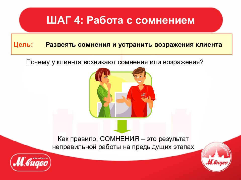 4 шаг 5 с. Комплексная продажа. Работа с сомнениями покупателя. Цель этапа работа с сомнениями. Как развеять сомнения клиента.