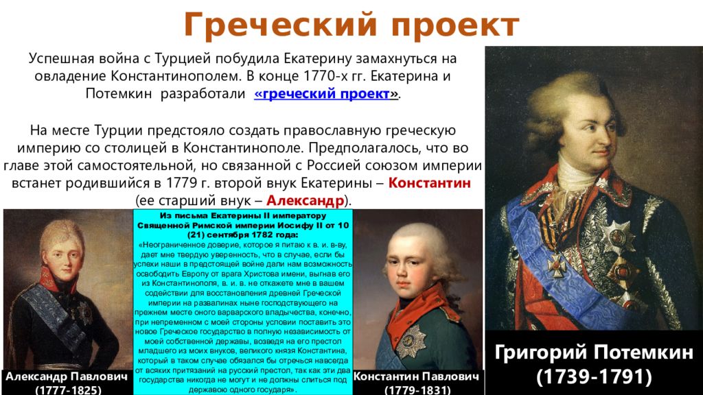 Потомки екатерины 2 и потемкина. Греческий проект Екатерины 2. Внешняя политика России 1762-1796 гг.. Проект на тему греческий проект Екатерины 2. Греческий проект Потемкина.