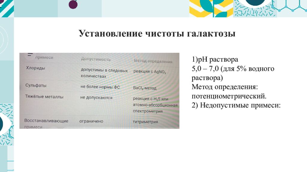 Установление чистоты галактозы