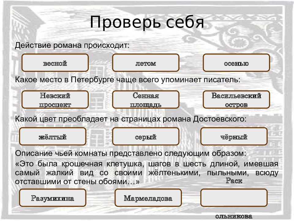 Какое место в романе. Это была крошечная клетушка преступление и наказание. Описание Петербурга в описании писателей. Какой цвет господствует в Петербурге Достоевского. Когда происходит действие романа.