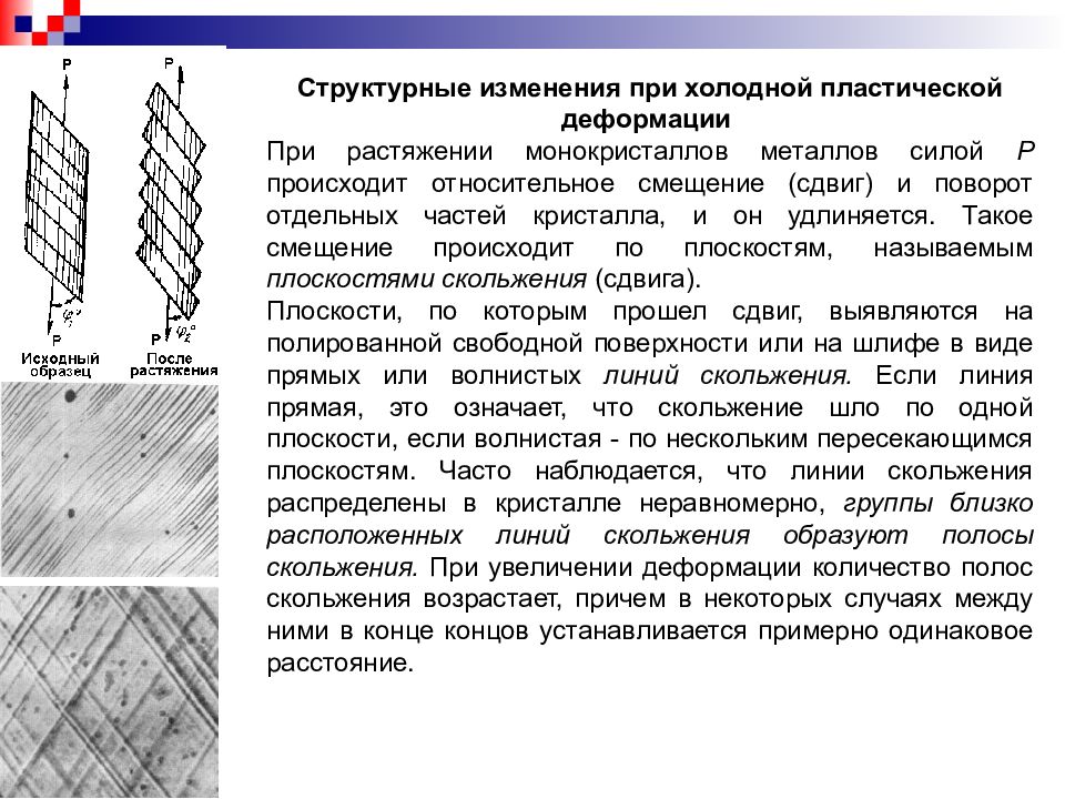 Деформация металла. Структура металла после холодной деформации. Свойство пластической деформационных металлов. Структурные изменения при холодном деформировании металла. Процессы при холодной пластической деформации металлов и сплавов.