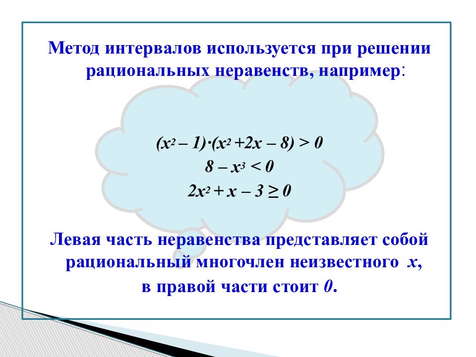 Неравенства методом интервалов задания. Алгоритм метода интервалов при решении неравенств.