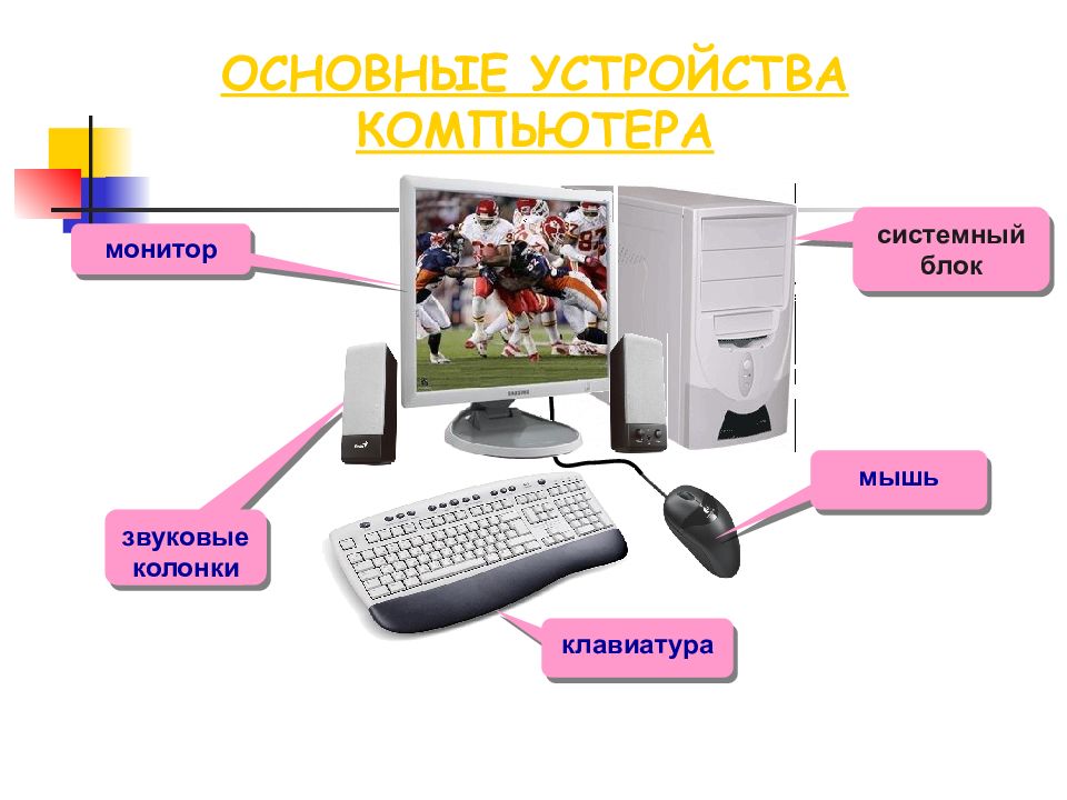 Какие устройства есть в вашей школе. Основные устройства компьютера. Устройство ком. Основныецстройств компьютера. Основные устройства персонального компьютера.