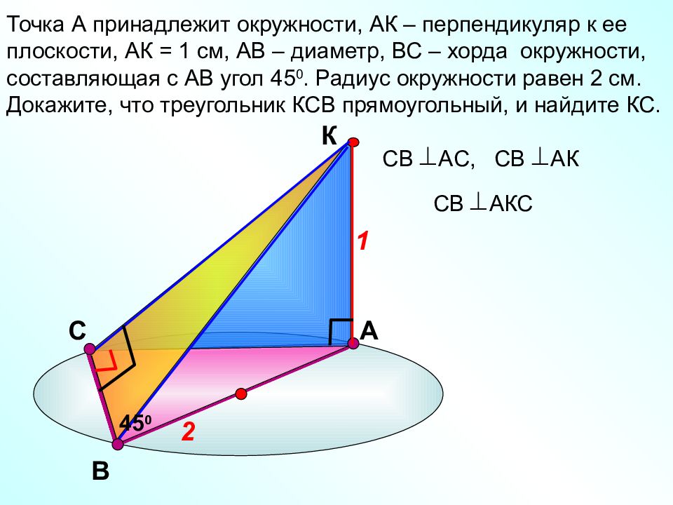 Плоскости прямоугольных треугольников перпендикулярны. Точка а принадлежит окружности АК перпендикуляр к ее плоскости АК 1. Перпендикуляр к плоскости окружности. Перпендикуляр к плоскости круга. Принадлежит окружности.