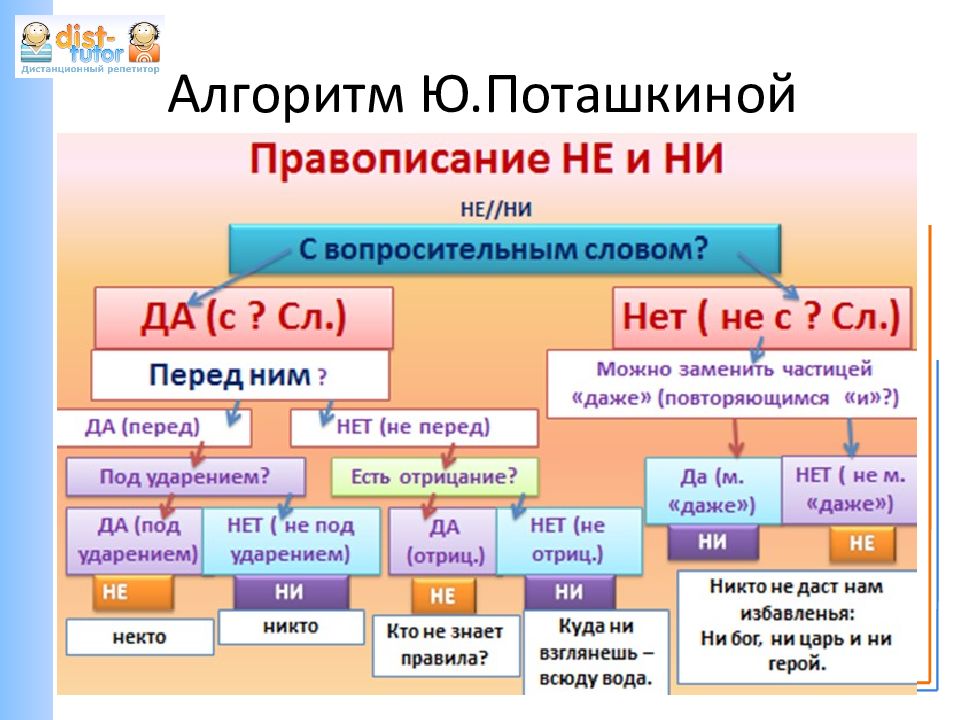 Не и их. Алгоритм правописания не и ни. Алгоритм написания частиц не и ни. Правописание частицы ни алгоритм. Поташкина русский язык таблицы.