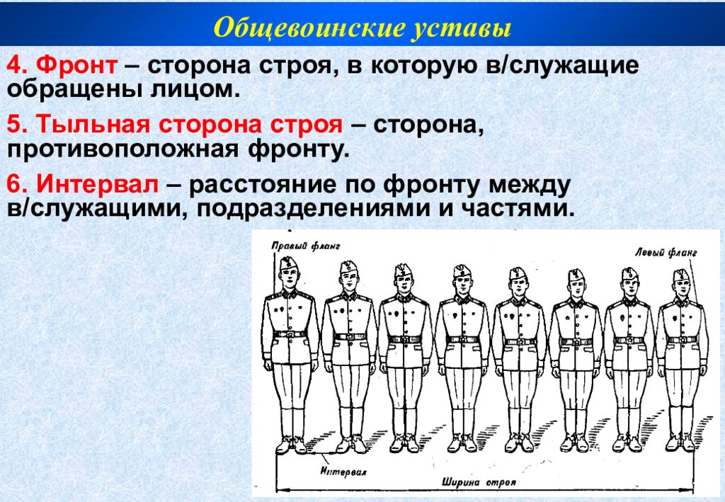 Строй длина. Дистанция в строю. Фронт сторона строя. Интервал в строю. Тыльная сторона строя.