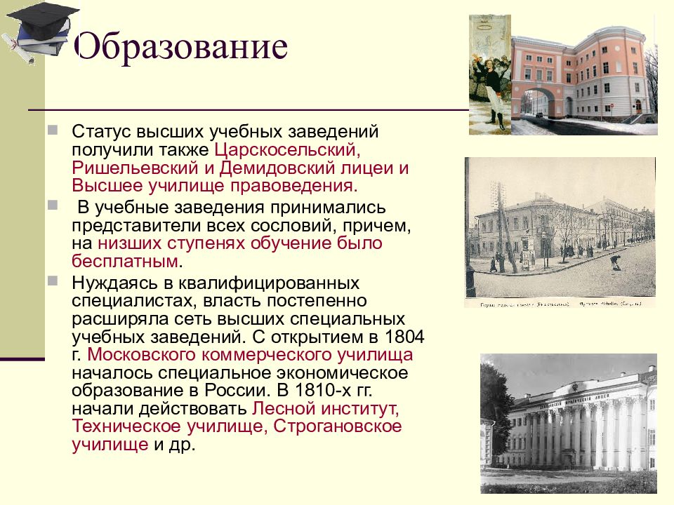 Образование первой половины 19. Демидовский лицей правоведения первая половина 19 века. Училища и высшие учебные заведения в России 18 века. Высшие учебные заведения 18-19 века. Учебные заведения XIX века.