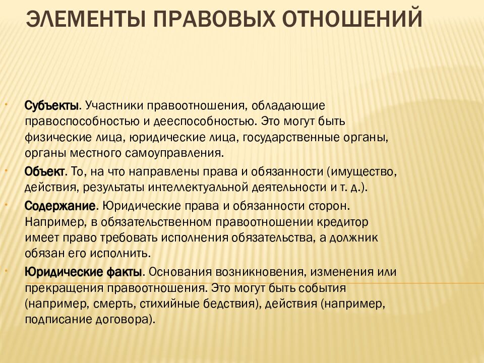 Элементы правовых отношений