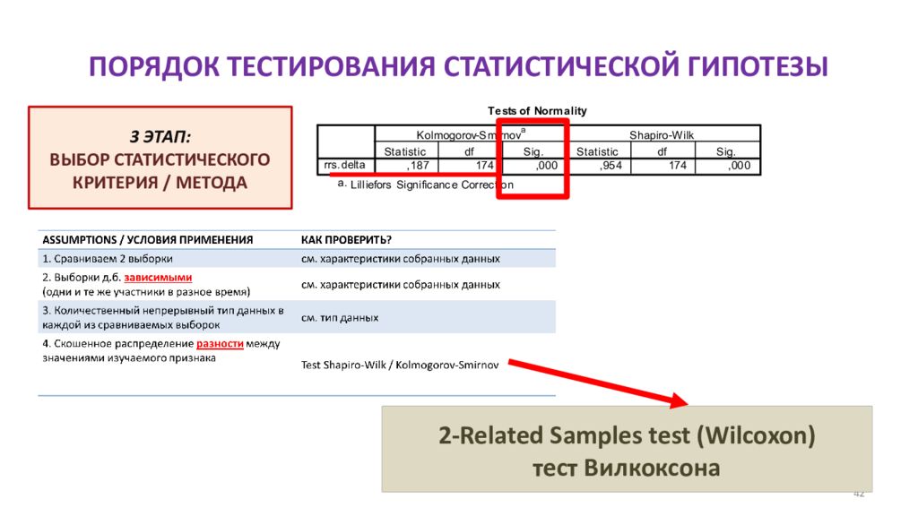 Порядок 42. Статистические методы тестирования. Какой статистический тест выбрать. Тест Вилкоксона статистическая гипотеза. Непрерывный Тип данных.