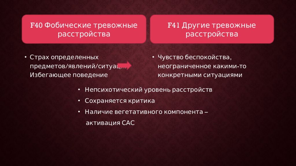 Фобическое расстройство. Непсихотические тревожные расстройства. Избегающее поведение. Другие тревожные расстройства. Фобические тревожные расстройства (f40) мкб 10.