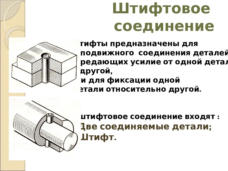 Относительная деталь. Штифтовое соединение деталей разъемные. Шпоночное и штифтовое соединение. Классификация штифтовых соединений.