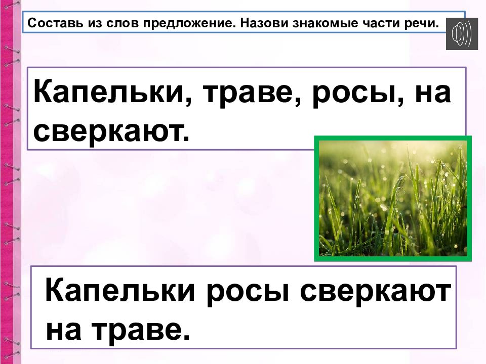 Знакомые части. Составить предложение из слов блестит на траве. Составить предложение со словом роса. Блестели на траве продолжить предложение. Капельки росы сверкали на зеленой траве разбор предложения.