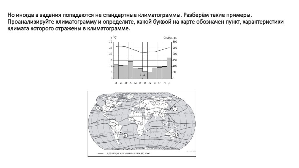 Определите какой буквой на карте обозначен пункт климатограмма которого показана на рисунке 731