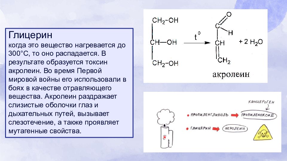 Глицерин пара. Нагревание глицерина. На что распадается глицерин. Распад глицерина. Разложение глицерина при нагревании.