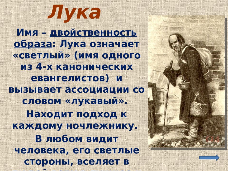 Характеристика луки на дне. Образ Луки презентация. Лука на дне. Образ Луки в пьесе Горького. Образ лука в пьесе на дне.