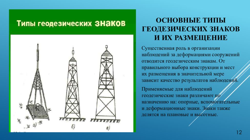 Пункты постоянной. Основные типы геодезических знаков и их размещение. Типы геодезических знаков для наблюдения за деформациями сооружений. Вспомогательные геодезические знаки. Высотный геодезический знак.