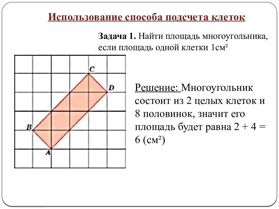 Площадь каждой клетки. Способы нахождения площади. Методы нахождения площади многоугольника. Способ нахождения площади по клеткам. Формула нахождения площади по клеткам.