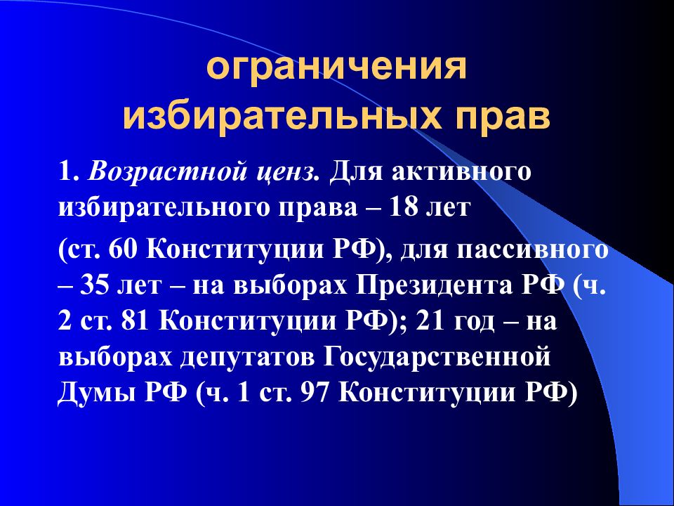 Есть ли возрастной ценз для категории юниоры. Ограничения в избирательном праве. Активное избирательное право ограничения.