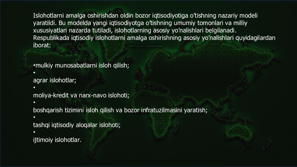 Agrar islohotlarni amalga oshirishning asosiy
y o’nalishlari
Bajardi : Agrar islohotlarni amalga oshirishning asosiy y o’nalishlari Bajardi :