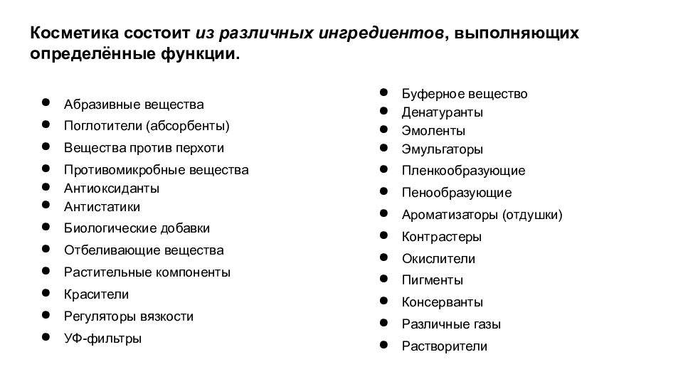 Косметика состоит из различных ингредиентов, выполняющих определённые функции.