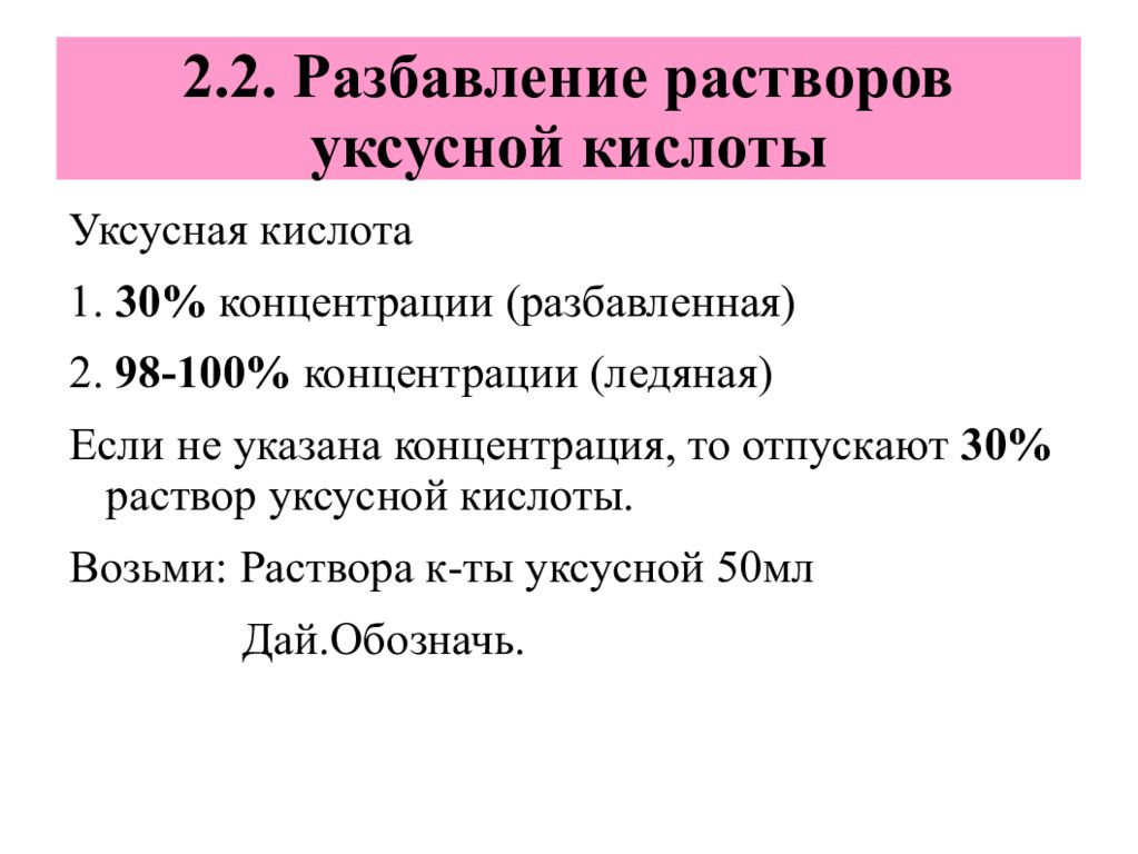 Концентрация растворов уксусной кислоты