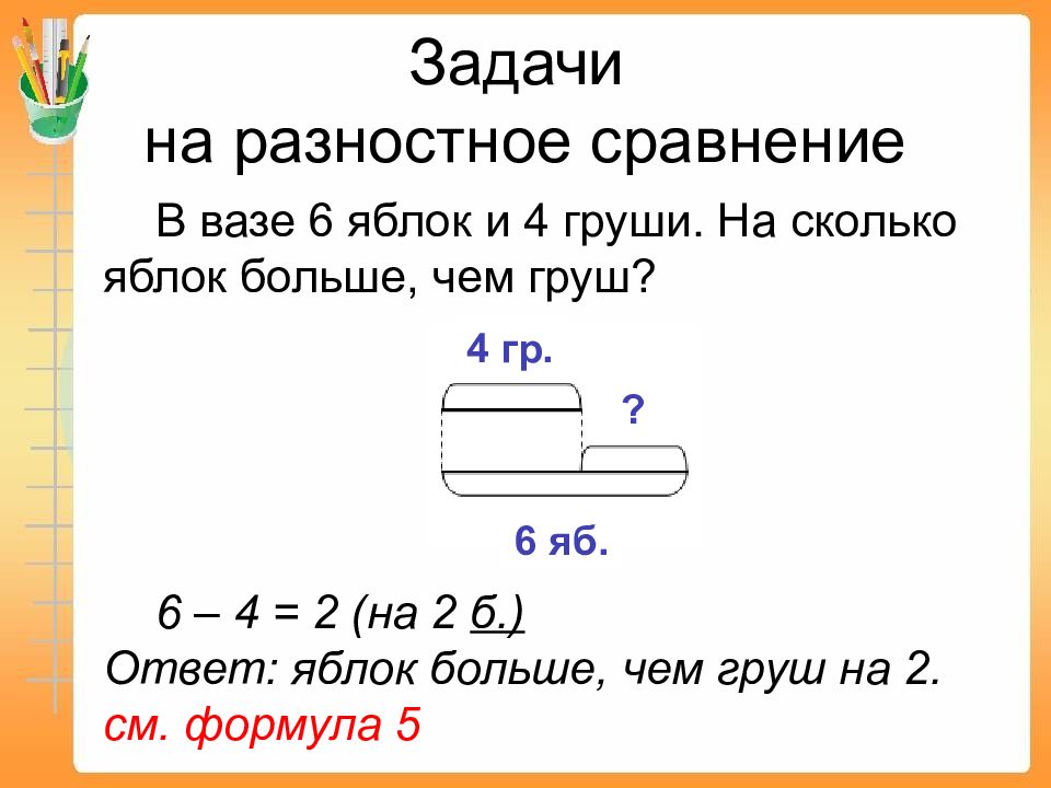 Задача на сравнение 1 класс схема