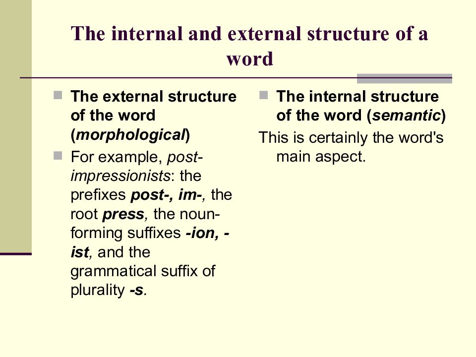 The study of the structure. External structure of the Word. External and Internal structure of a Word. Word structure. Internal structure of the Word.