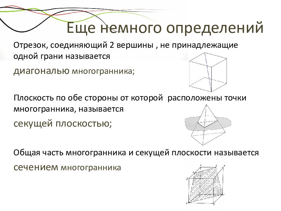 Немного определить. Диагональ многогранника. Грань стереометрия. Две вершины которые не принадлежат одной грани называются. Что называют секущей плоскостью многогранника?.