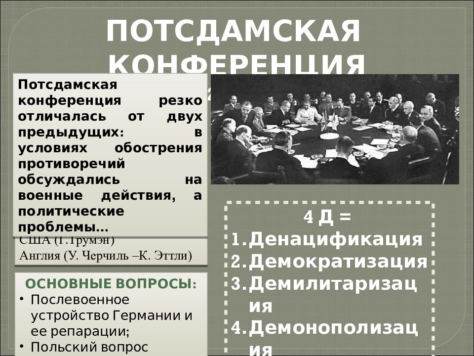 Прокомментируйте решения потсдамской конференции. Ялтинская и потсдамская конференции. программа 4 д потсдамская конференция. тегеранская ялтинская и потсдамская конференции таблица. потсдамская конференция значение.