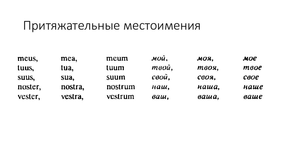 Приставка склонение. Местоимения в латинском языке. Склонение местоимений латынь. Склонение местоимений в латинском языке таблица. Притяжательные местоимения в латинском языке.