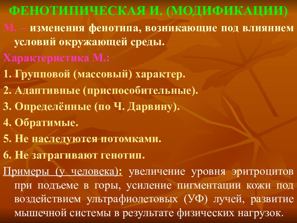 Изменения м. Фенотипические модификации. Обратимые изменения фенотипа. Фенотипический эффект модификаций. Изменения фенотипа под влиянием условий окружающей среды:.