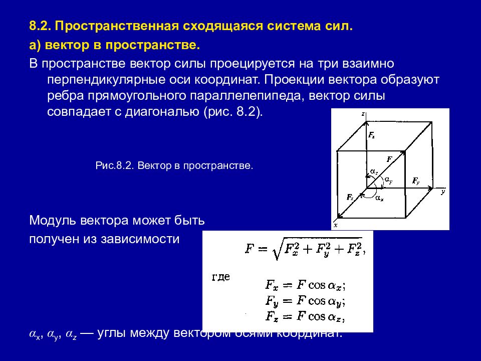 Система сходящихся сил. Пространственная система сил. Пространственная система си. Проекция вектора в пространстве. Пространственная система сходящихся сил.