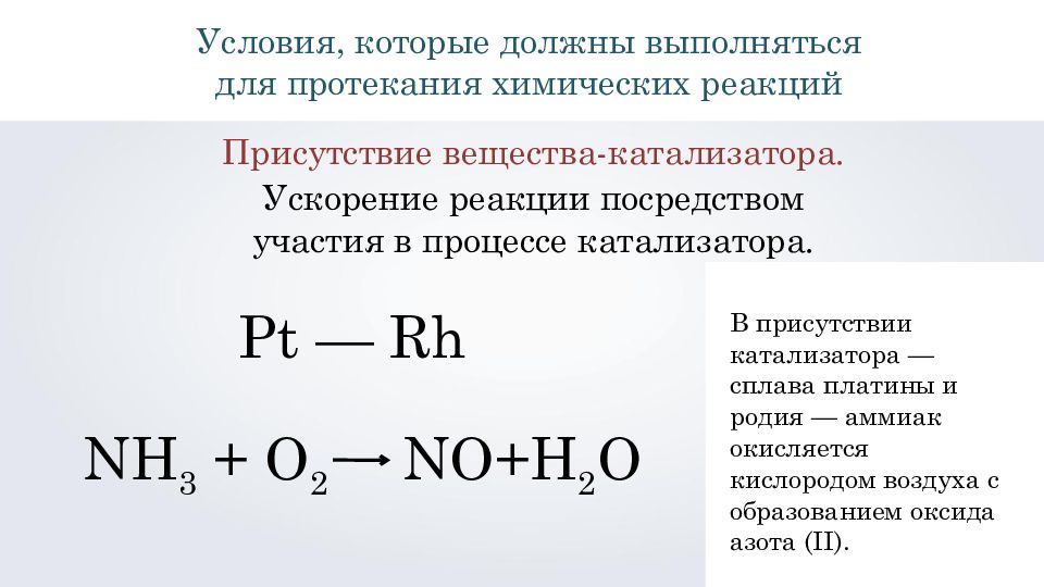 Nh3 в присутствии катализатора. Условия химических реакций. Состав вещества. Условия протекания реакций 8 класс