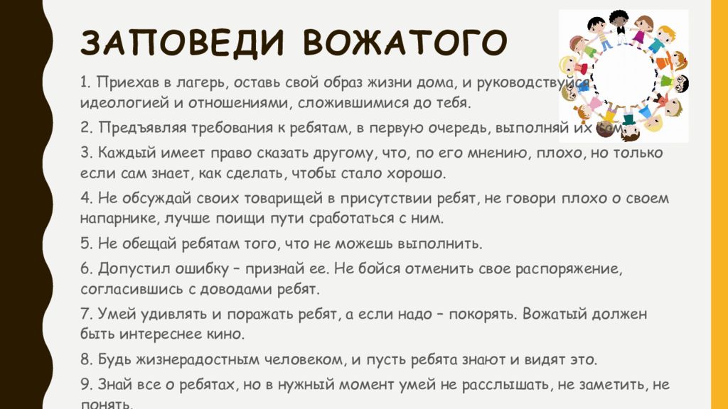 Зачитайте строчки в которых дается портрет вожатого. Заповеди вожатого. Памятка вожатого в лагере. Заповеди вожатого в лагере. Заповеди вожатого памятка.