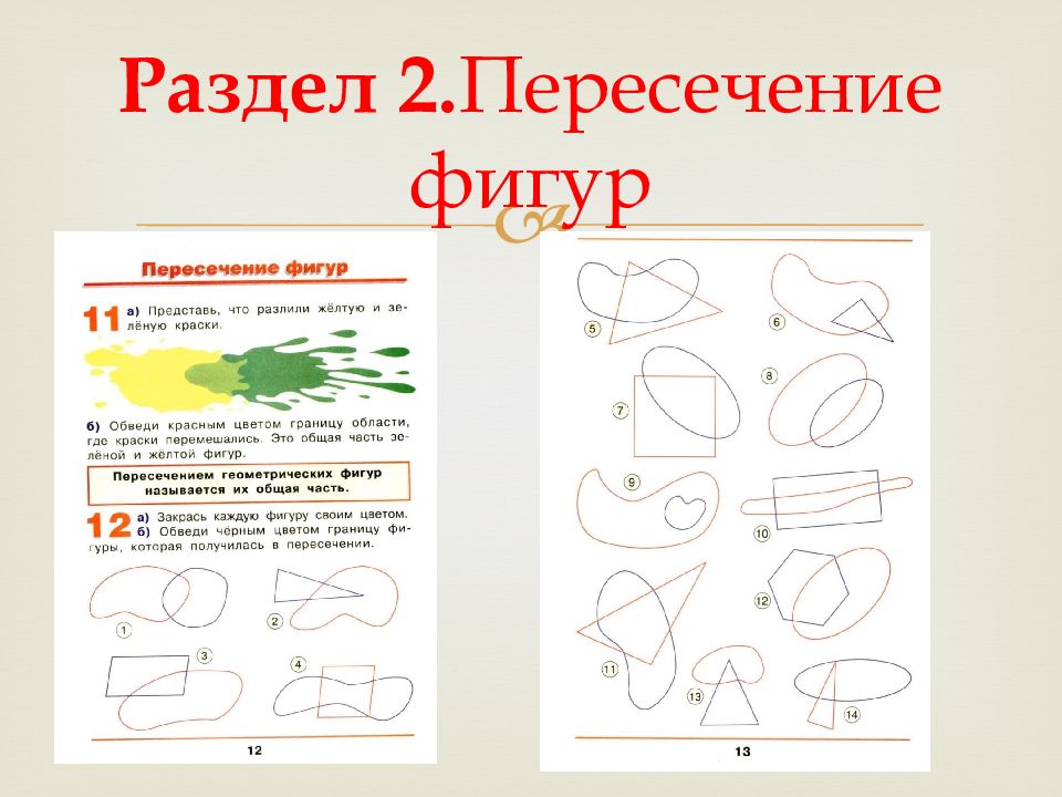 На чертежах раскрась зеленым цветом пересечение фигур и обведи красным их объединение