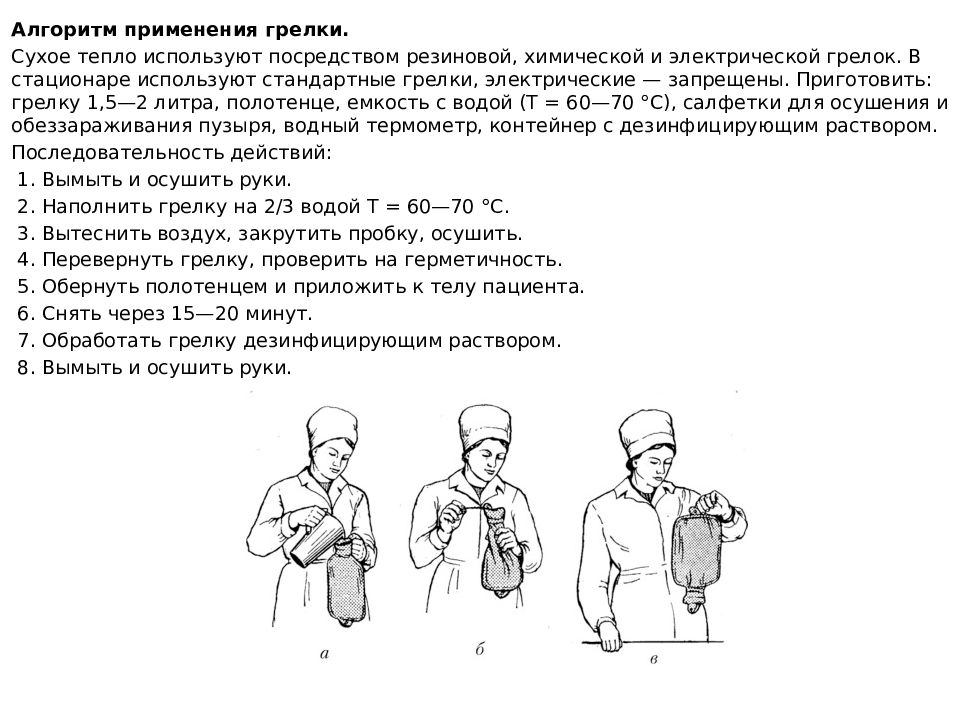 Алгоритм подачи. Техника постановки грелки алгоритм. Применение грелки пациенту алгоритм. Грелка показания противопоказания алгоритм. Алгоритм проведения грелки.