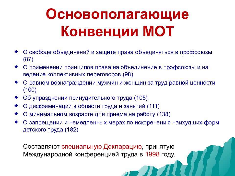 Укажите действующий. Основополагающие конвенции мот. Конвенция международной организации труда. Документы международной организации труда. Принципы международной организации труда.