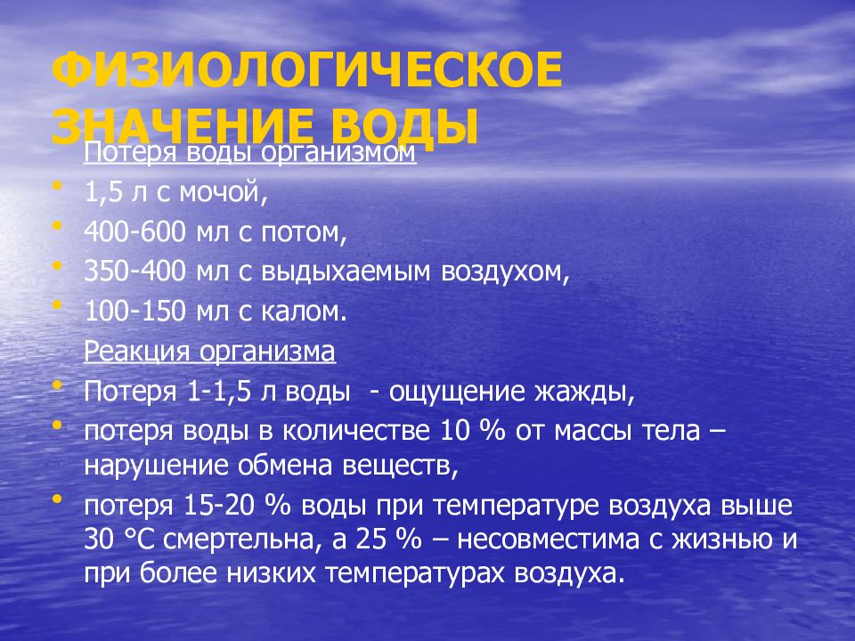 Потери воды человеком. Физиологическое значение воды презентация. Гигиена воды презентация. Презентация на тему гигиена воды. Вода гигиена лекция.