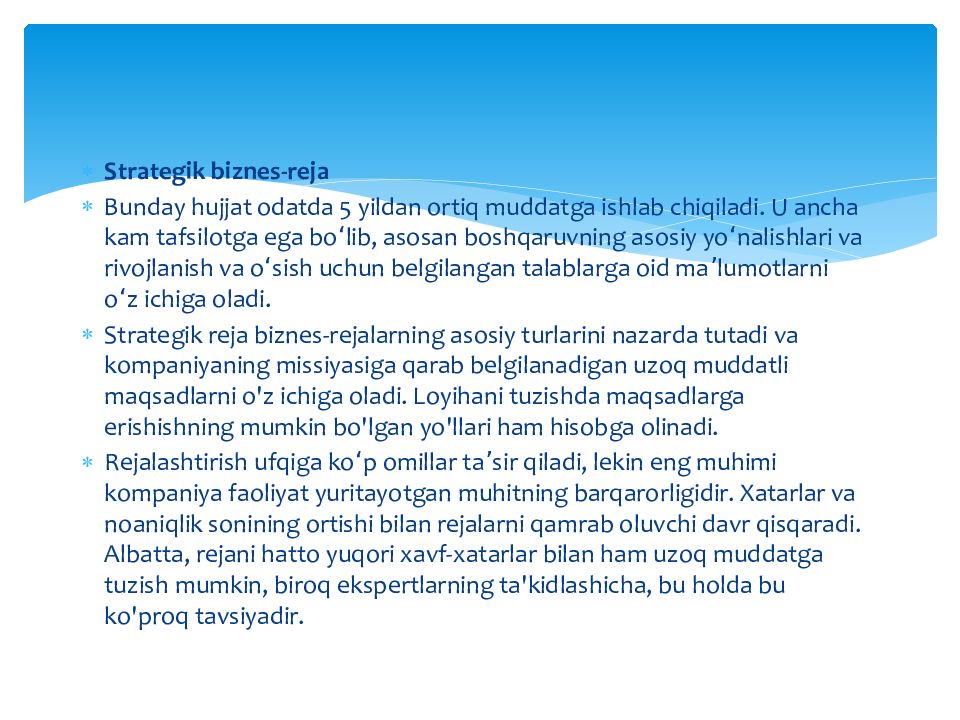 Biznes reja, uning bo‘limlari va mazmuni Biznes reja, uning bo‘limlari va mazmuni