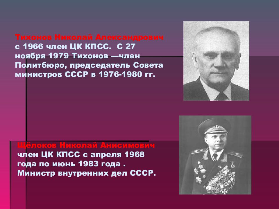 Х начале 80 х гг. Председатель совета министров в 1966. Председатель совета министров СССР В 1964 1980 гг. Тихонов Политбюро. Председатель Совмина СССР.