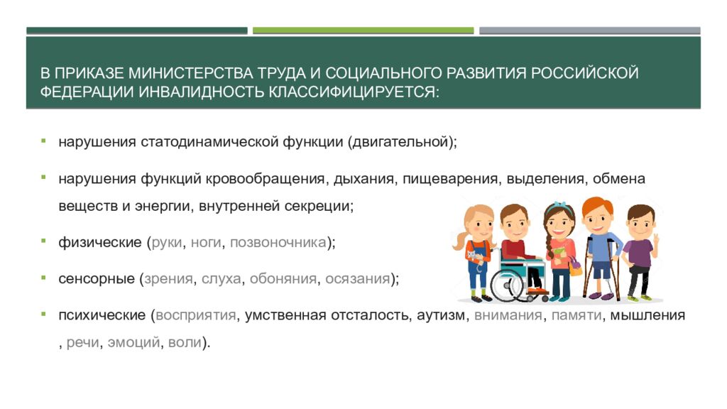 В приказе Министерства труда и социального развития Российской Федерации инвалидность классифицируется: