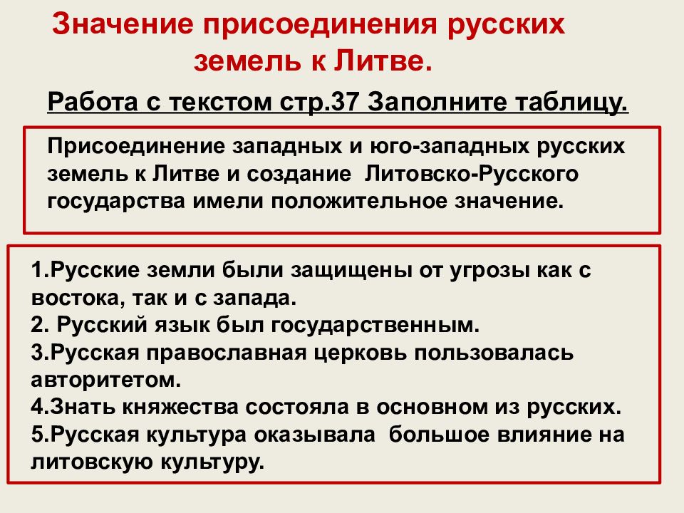 Значение присоединения русских земель к Литве. Причины присоединения русских земель к Литве. Присоединения западных и Юго западных стран. Таблица присоединение русских земель к Литве.