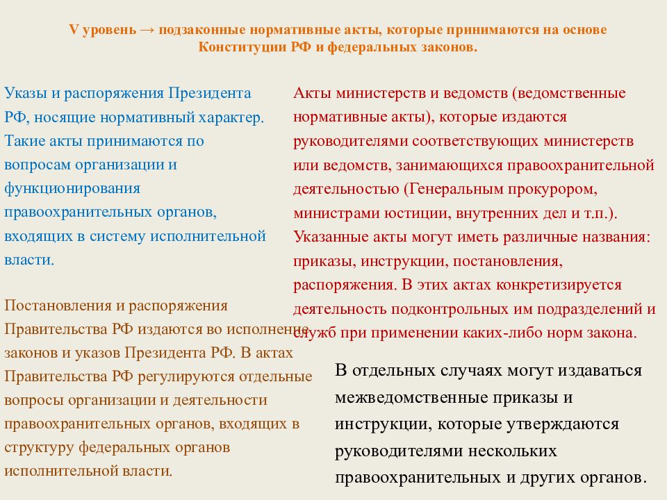V уровень → подзаконные нормативные акты, которые принимаются на основе Конституции РФ и федеральных законов.