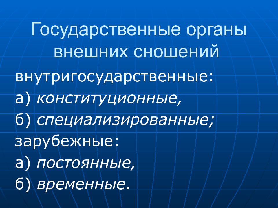 Понятие и виды органов внешних сношений. Государственные органы внешних сношений. Внутригосударственные и зарубежные органы внешних сношений. Виды внутригосударственных органов внешних сношений. К внутригосударственным органам внешних сношений относятся.