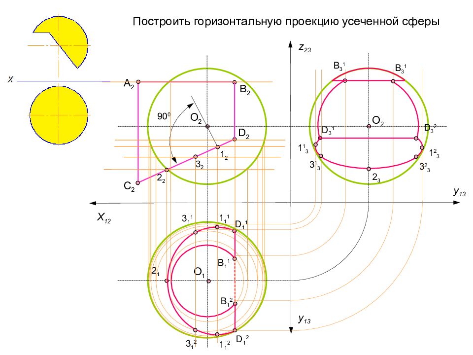 Проекция усеченного. Построить три проекции сферы с вырезом. Проекция сферы. Построение трех видов сферы. Построение 3 видов сферы.