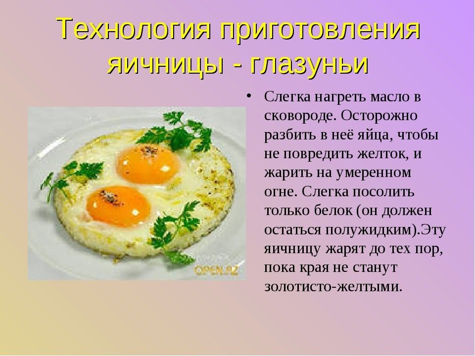 Какое блюдо ответы. Технология приготовления яичницы. Глазунья технология приготовления. Приготовление блюд из яиц. Технология приготовления блюд из яиц.