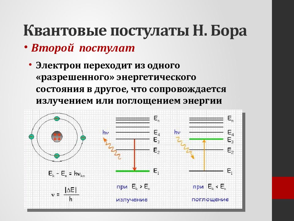 Электрон переходит на более высокий энергетический уровень. Постулаты Бора энергетические уровни. Сформулируйте квантовые постулаты Бора. Излучение и поглощение энергии. Поглощение энергии постулат Бора.