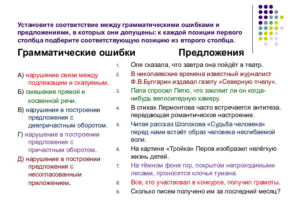 Соответствие между грамматическими ошибками и предложениями