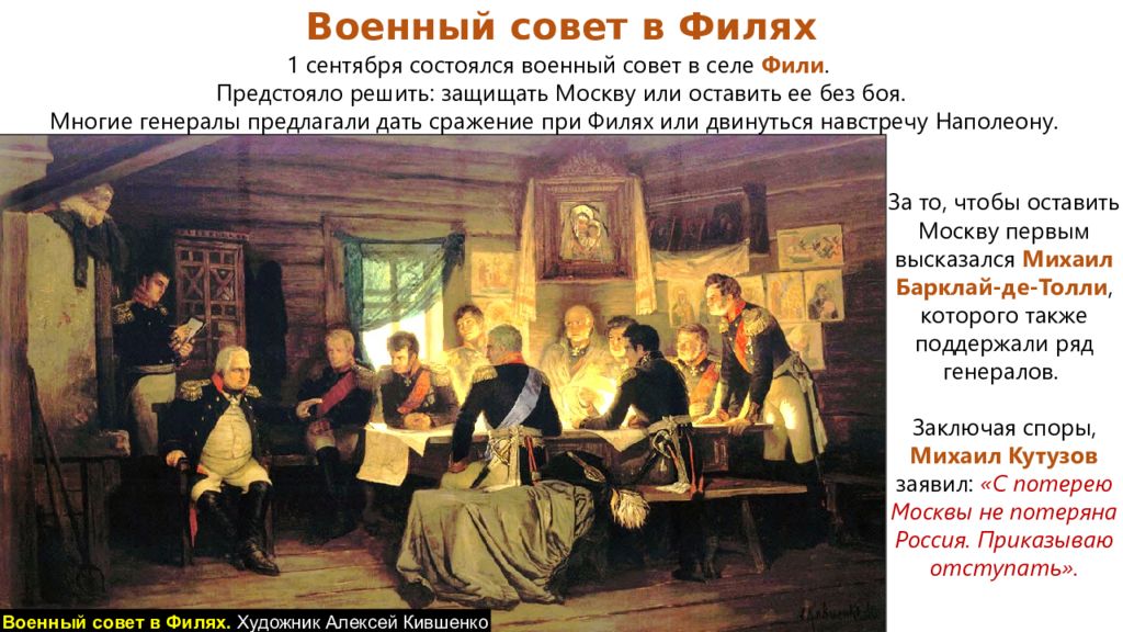 Фили 1812. Военный совет в деревне Фили. Военный совет генералов Российской армии село Фили. Совет в деревне Фили 1812. 1 Сентября совет в Филях.